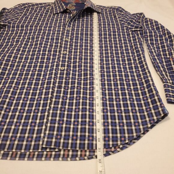 Robert Graham Mens XL Blue Plaid Button Down Shirt Long Sleeve Roll Cuff - Picture 6 of 10